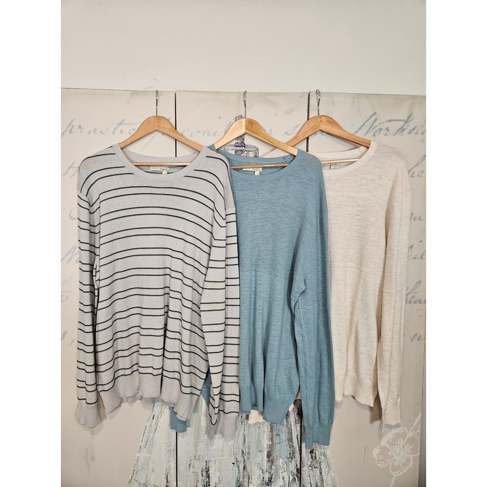 Lot of 3 Hawker Rye‎ Crewneck Sweater XL Blue Cream Striped Cotton Knit Mens